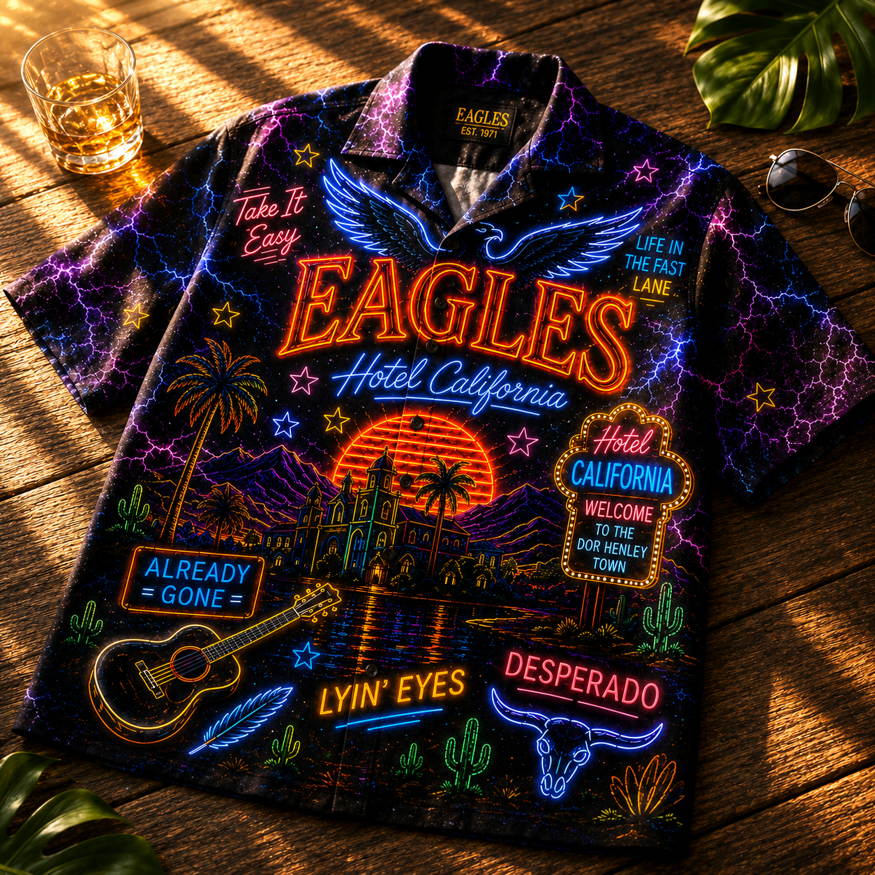 Eagles Band Hawaiian Shirt - Unisex Vintage Neon Light Hotel California Button Up