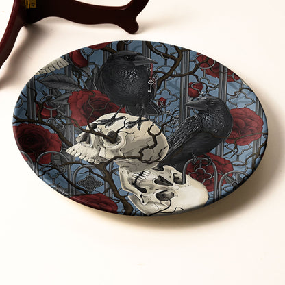 Gothic Raven & Skull Decorative Plate – Dark Romantic Home Accent