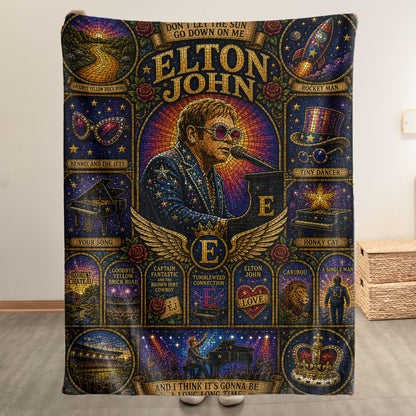 Elton John Sherpa Blanket – Rocket Man Stained Glass Glam Rock Piano Throw Blanket