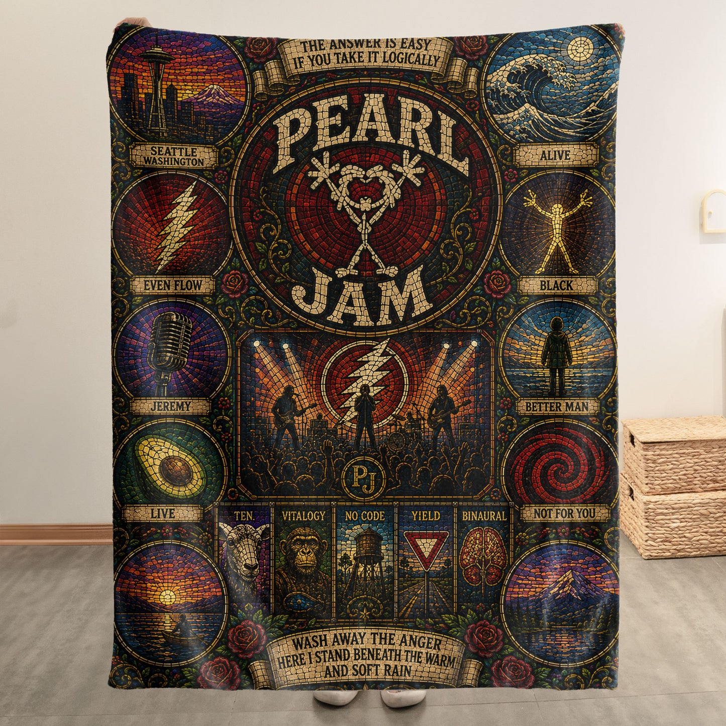Pearl Jam Band Sherpa Blanket – Alive Stained Glass Grunge Rock Throw Blanket