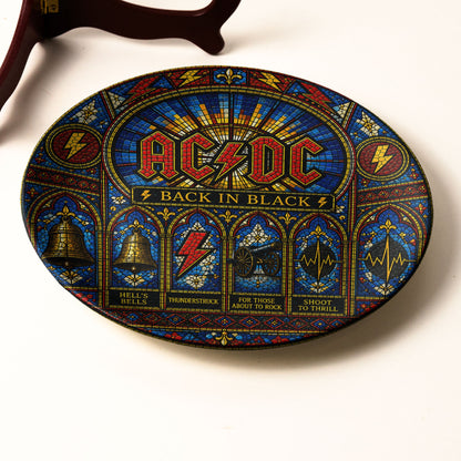 AC/DC Stained Glass Decorative Ceramic Plate – Back in Black Inspired Music Collector Plate, Rock Band Wall Art Gift for Fans