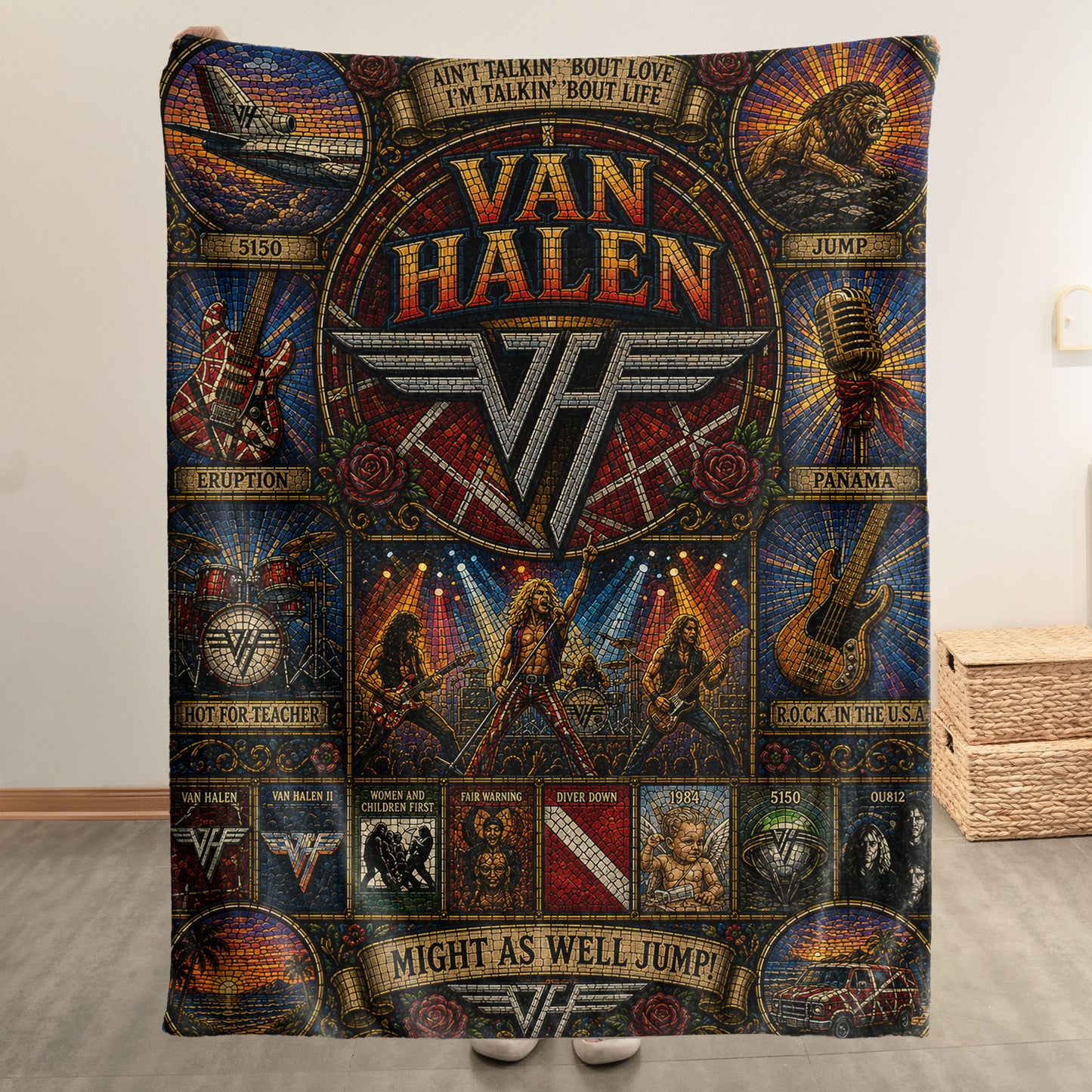 Van Halen Band Sherpa Blanket – Eruption & Panama Gothic Stained Glass Blanket