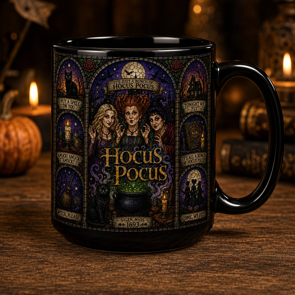 Hocus Pocus Mug – Stained Glass Sanderson Sisters Halloween Ceramic Coffee Cup