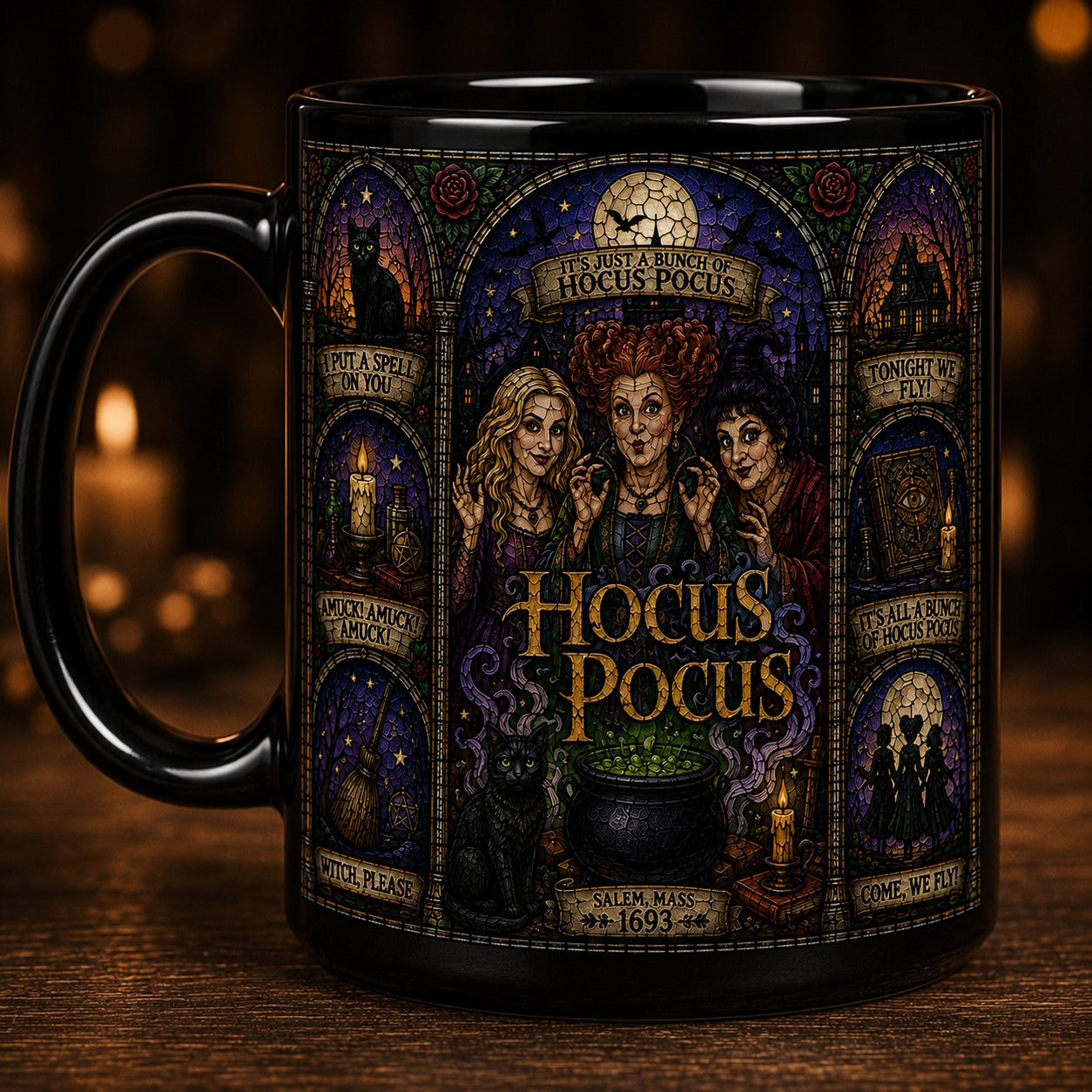 Hocus Pocus Mug – Stained Glass Sanderson Sisters Halloween Ceramic Coffee Cup