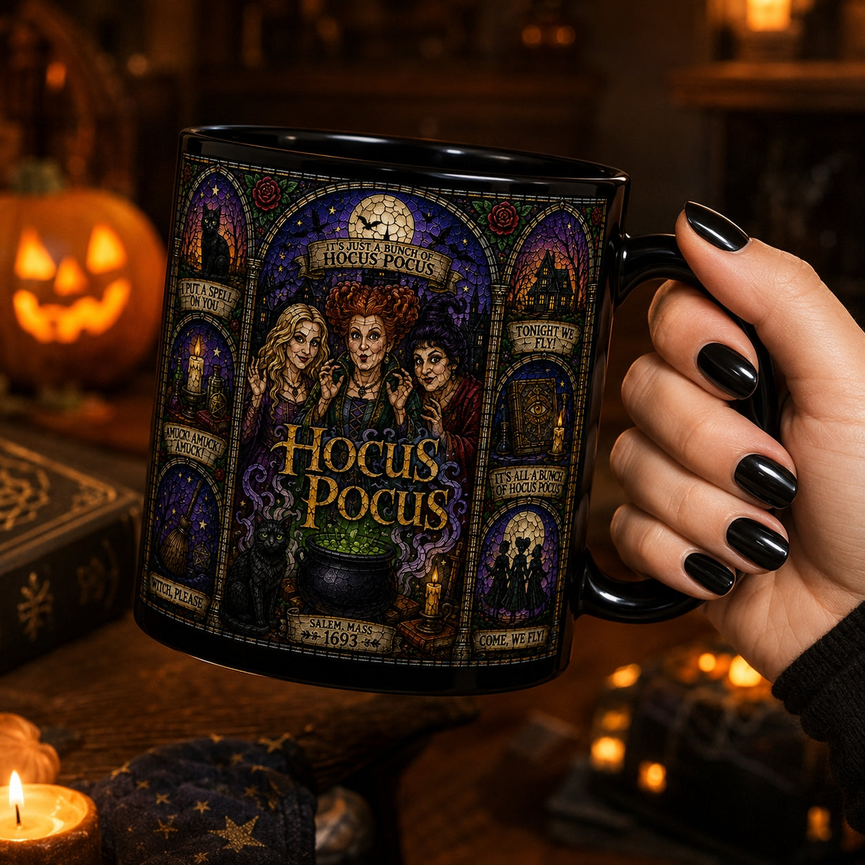 Hocus Pocus Mug – Stained Glass Sanderson Sisters Halloween Ceramic Coffee Cup