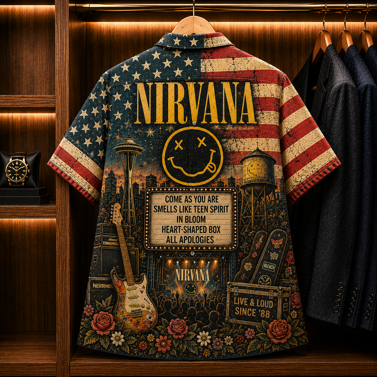 Nirvana Hawaiian Shirt - Patriotic Grunge Rock Band All Over Print AOP Button Up Shirt for Nirvana Fans