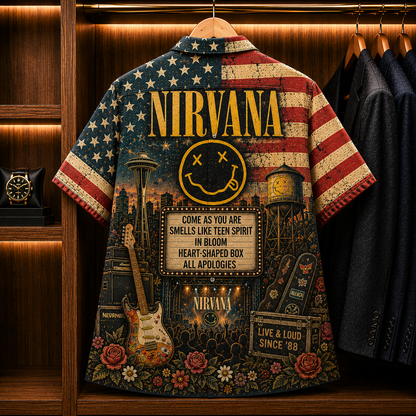 Nirvana Hawaiian Shirt - Patriotic Grunge Rock Band All Over Print AOP Button Up Shirt for Nirvana Fans