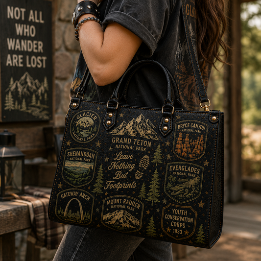 US National Parks Faux Leather Handbag – Vintage Outdoors Adventure Shoulder Tote Bag