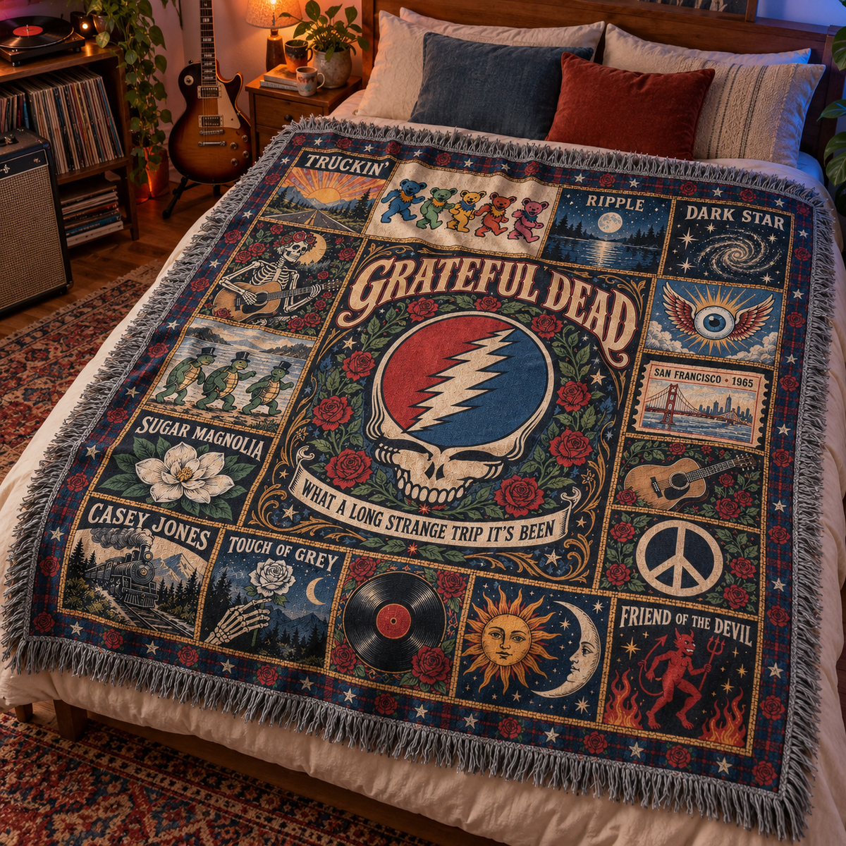Grateful Dead Woven Blanket, Steal Your Face Patchwork Throw, Dancing Bears & Roses Tapestry, Vintage Deadhead Music Gift