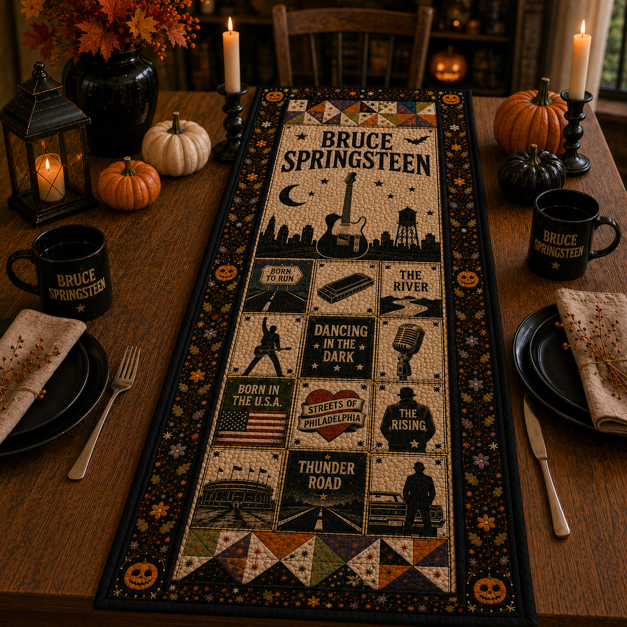 Bruce Springsteen Halloween Table Runner – Quilted Rock Music Fall Table Decor for Fans