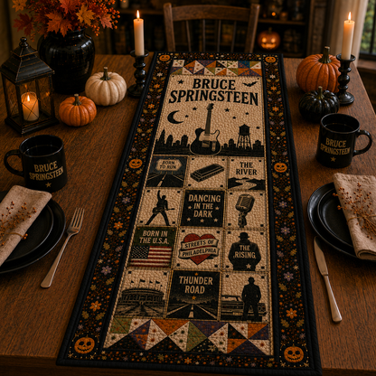 Bruce Springsteen Halloween Table Runner – Quilted Rock Music Fall Table Decor for Fans