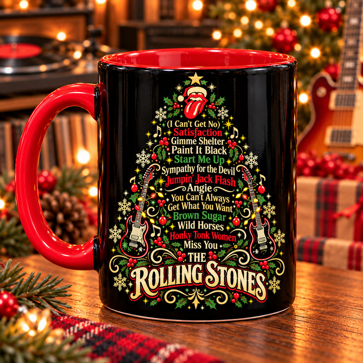 The Rolling Stones Christmas Tree Mug, Satisfaction Holiday Coffee Cup, Classic Rock Christmas Gift, Rolling Stones Fan Mug, Music Lover Gift