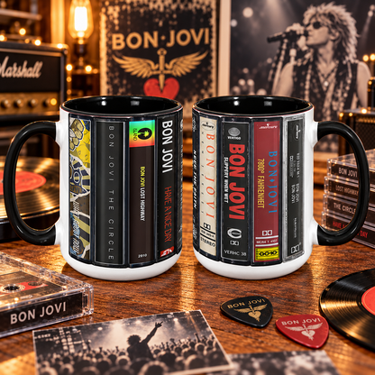 Bon Jovi Mug, Retro Cassette Tape Coffee Cup, Classic Rock Album Collection Mug, 80s Rock Fan Gift