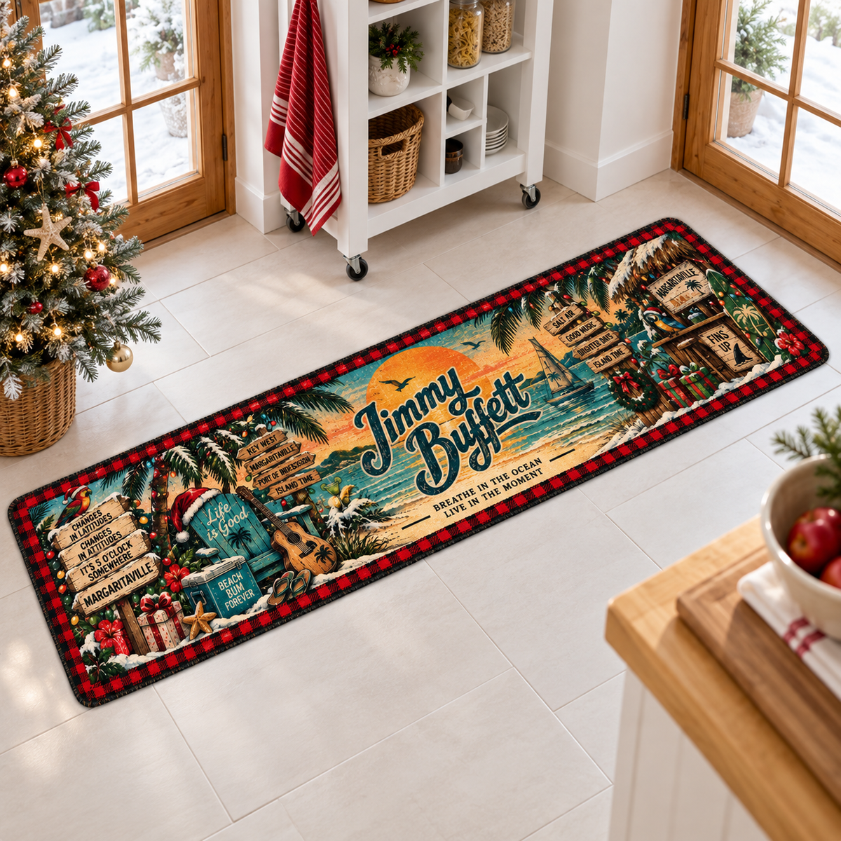 Jimmy Buffett Christmas Runner Rug, Margaritaville Tropical Holiday Kitchen Runner, Parrothead Beach Christmas Decor