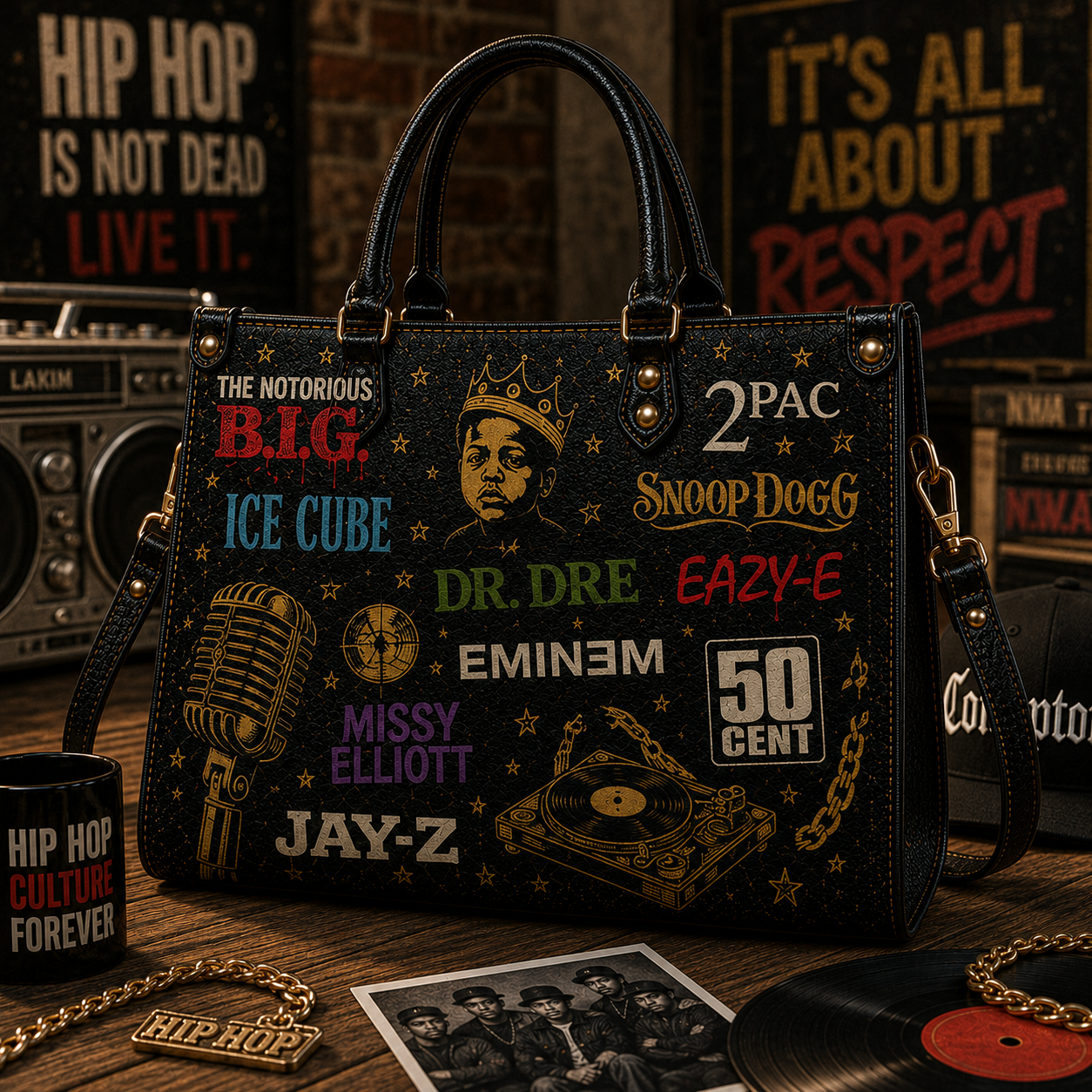 Hip Hop Legends Faux Leather Handbag – Vintage 90s Rap Lover Shoulder Tote Bag