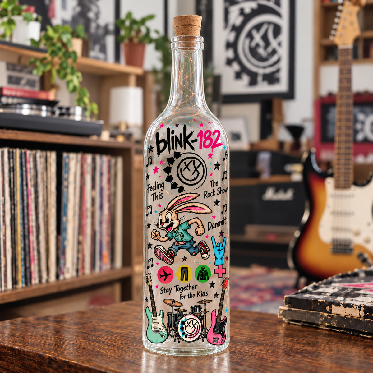 Blink-182 Lighted Bottle Lamp, Pop Punk LED Bottle Decor, Blink 182 Fan Gift, Music Room Night Light, Rock Band Home Decor