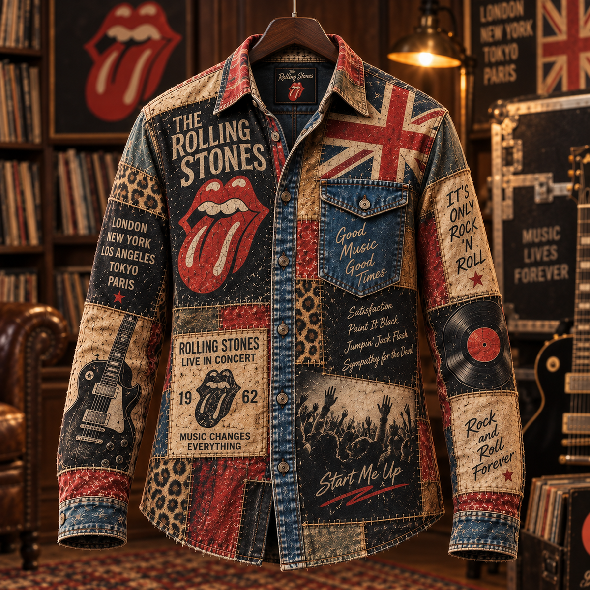 The Rolling Stones Patchwork Long Sleeve Shirt – Tongue Logo, Union Jack & Vintage Rock Collage Button Up, 1962 Classic Rock Fan Gift