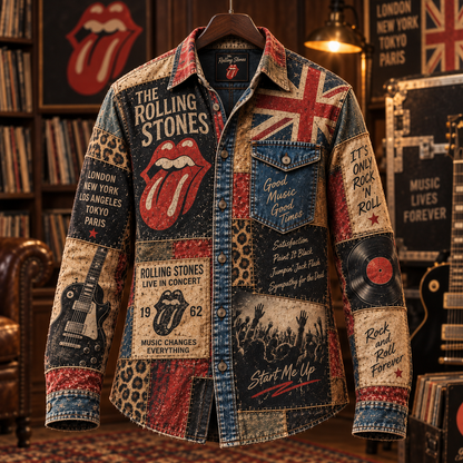 The Rolling Stones Patchwork Long Sleeve Shirt – Tongue Logo, Union Jack & Vintage Rock Collage Button Up, 1962 Classic Rock Fan Gift