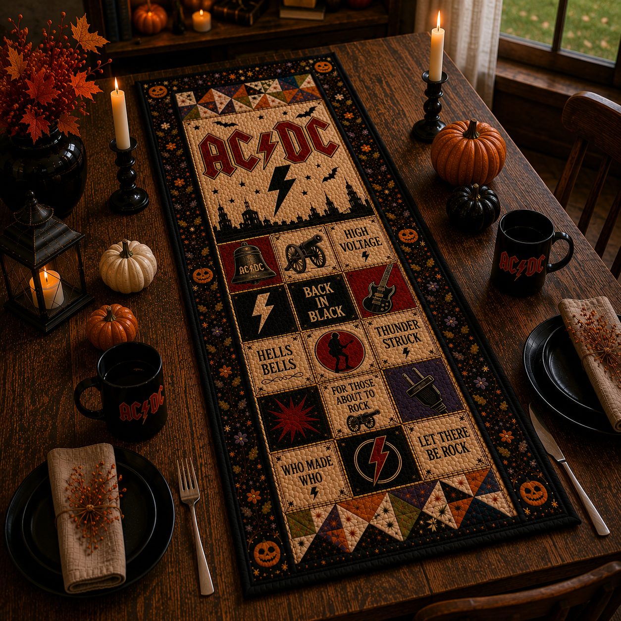 AC/DC Halloween Table Runner – Quilted Rock Band Table Decor for Fall & Halloween