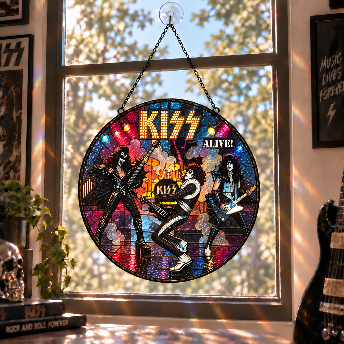 KISS Band Stained Glass Suncatcher – Glam Rock Music Window Hanging Gift for KISS Army