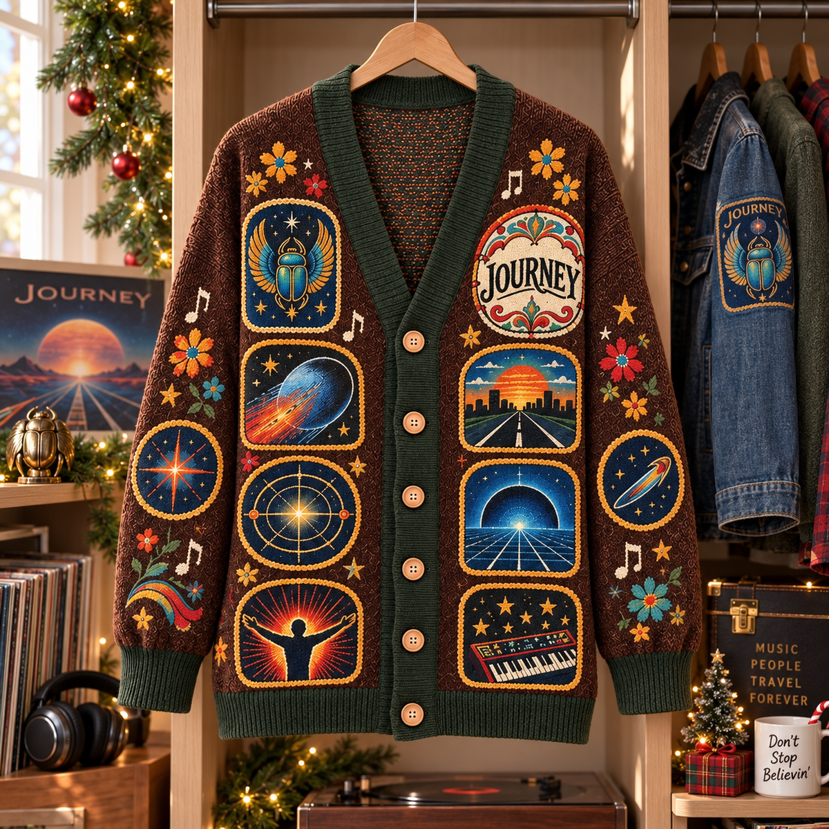 Journey Patchwork Cardigan, Scarab Beetle Folk Art Knit Sweater, Don’t Stop Believin’ Classic Rock Cardigan Gift
