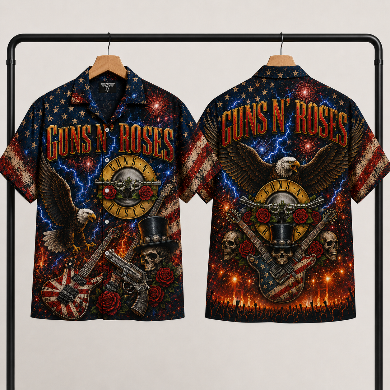 Guns N' Roses Hawaiian Shirt - Patriotic Eagle Skull Guitar Artwork - Classic Hard Rock Band Aloha Shirt