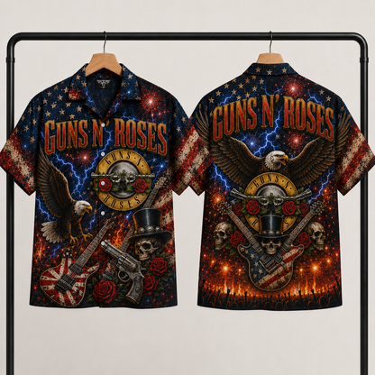 Guns N' Roses Hawaiian Shirt - Patriotic Eagle Skull Guitar Artwork - Classic Hard Rock Band Aloha Shirt