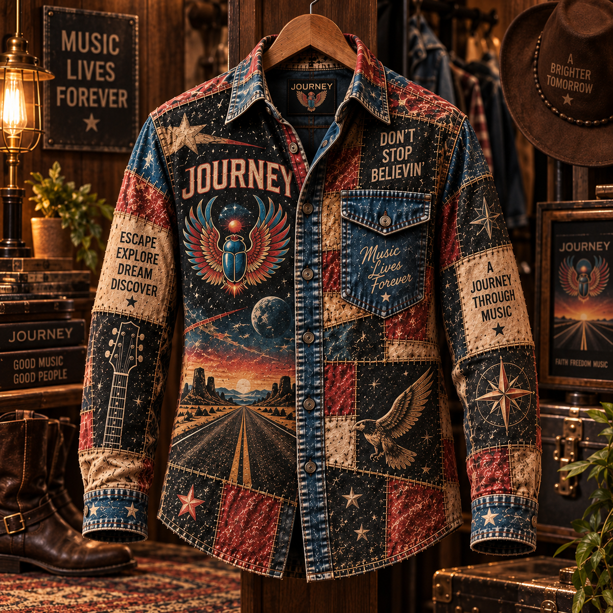 Journey Patchwork Long Sleeve Shirt – Don’t Stop Believin’, Scarab & Open Road Vintage Rock Button Up, Classic Journey Fan Gift