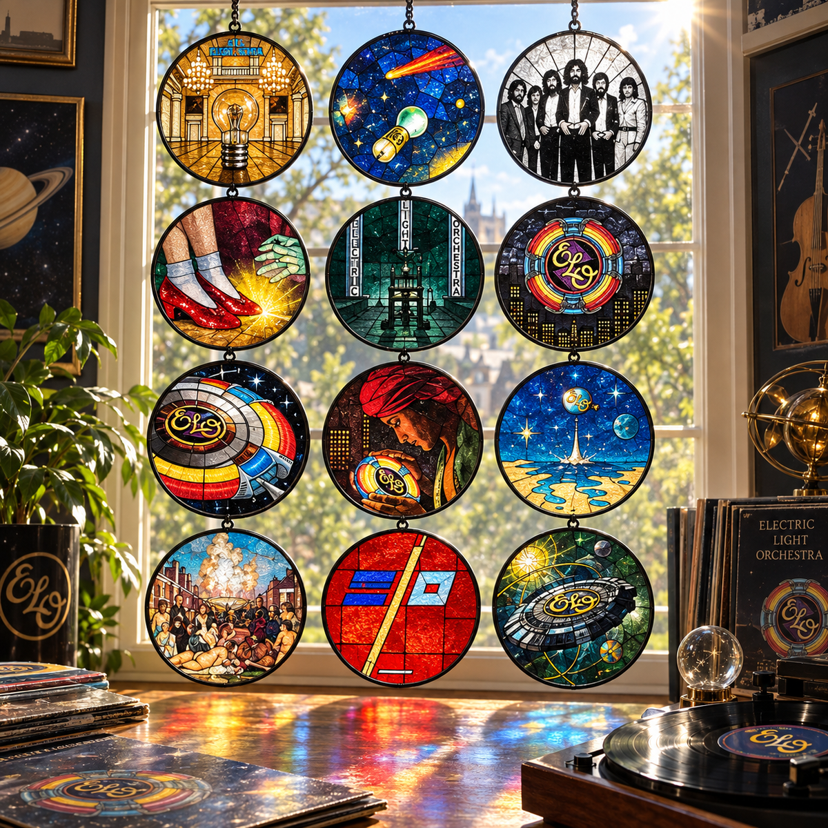 Electric Light Orchestra Suncatcher Set, 12 Stained Glass Album Window Hangings, ELO Classic Rock Music Gift