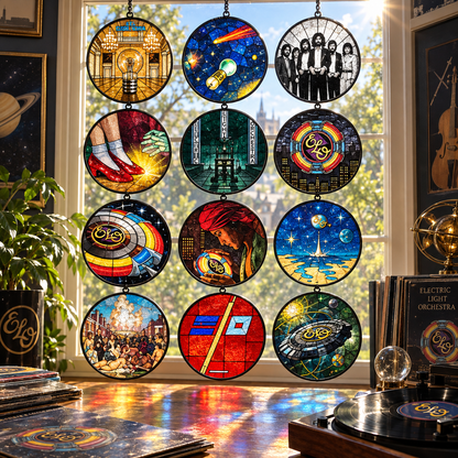 Electric Light Orchestra Suncatcher Set, 12 Stained Glass Album Window Hangings, ELO Classic Rock Music Gift