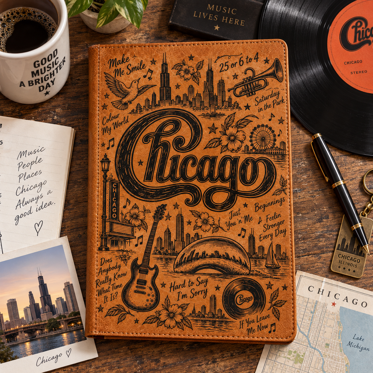 Chicago Band Vintage Vegan Leather Notebook – Classic Horn-Rock Music Journal & Diary