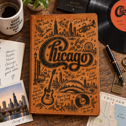 Chicago Band Vintage Vegan Leather Notebook – Classic Horn-Rock Music Journal & Diary