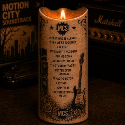 Motion City Soundtrack LED Candle, Everything Is Alright Flameless Candle, Emo Pop Punk Music Gift, MCS Fan Gift, Alternative Rock Decor