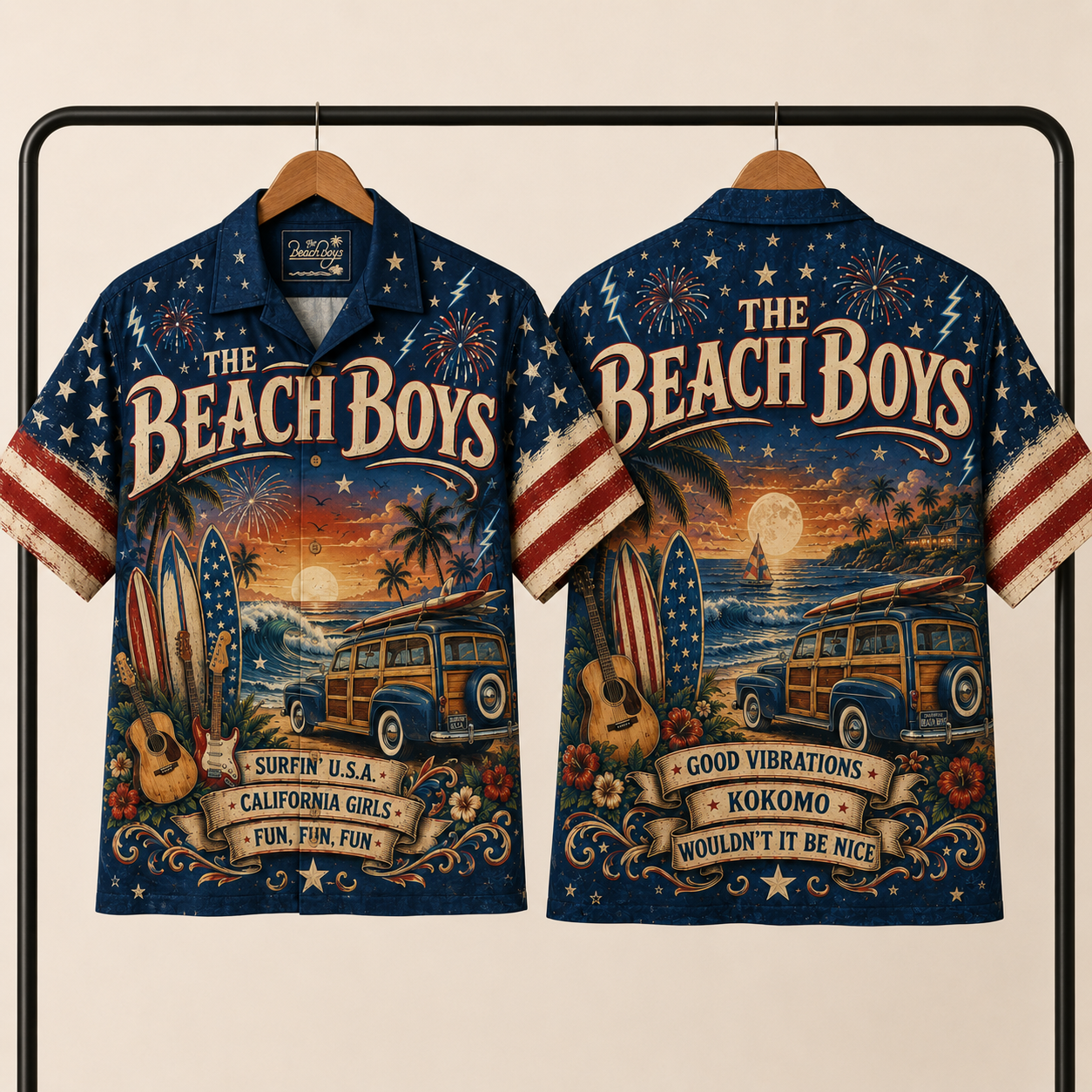 The Beach Boys Hawaiian Shirt - Unisex Woodie Wagon Surfin USA Button Up