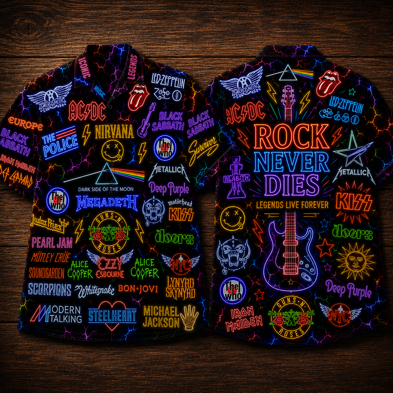 Rock Band Hawaiian Shirt - Unisex Front Back Neon Light Rock Never Dies Button Up