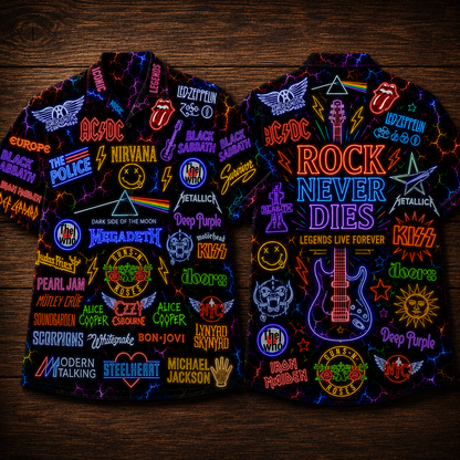 Rock Band Hawaiian Shirt - Unisex Front Back Neon Light Rock Never Dies Button Up