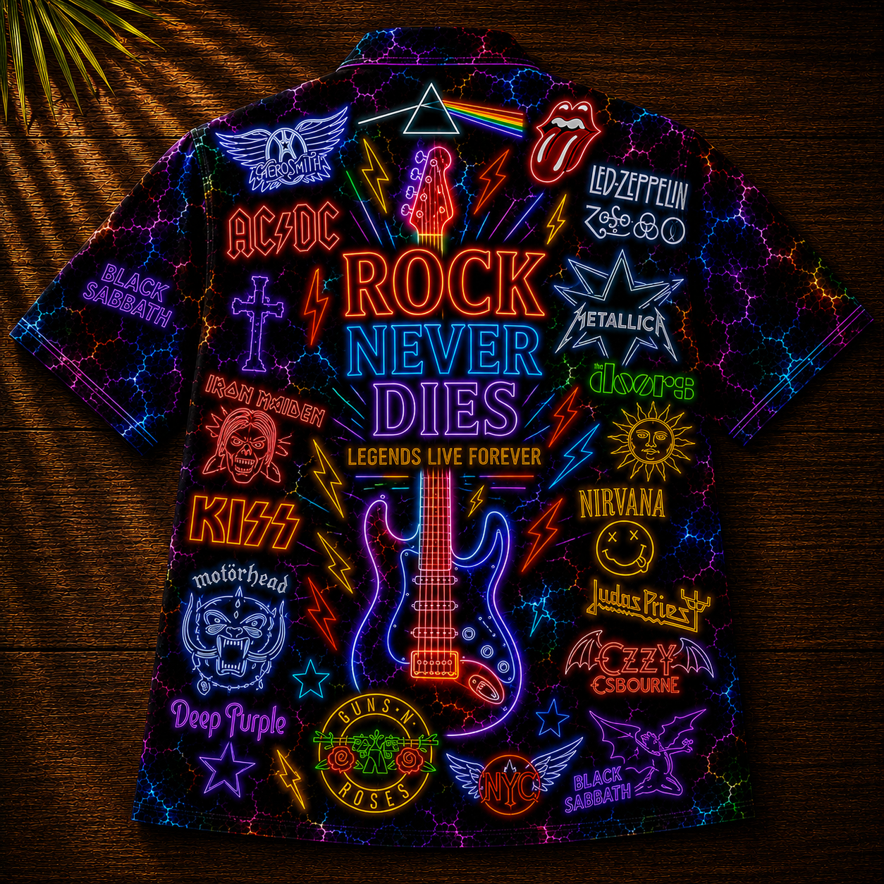 Rock Band Hawaiian Shirt - Unisex Front Back Neon Light Rock Never Dies Button Up
