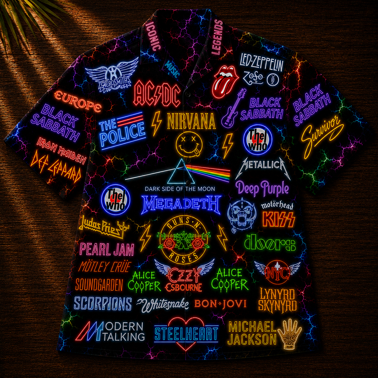 Rock Band Hawaiian Shirt - Unisex Front Back Neon Light Rock Never Dies Button Up