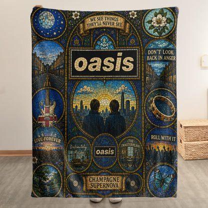 Oasis Band Sherpa Blanket – Champagne Supernova Stained Glass Blanket