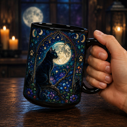 Black Cat Stained Glass Mug, Gothic Cat Coffee Mug, Moonlit Cat Ceramic Mug, Witchy Cat Cup
