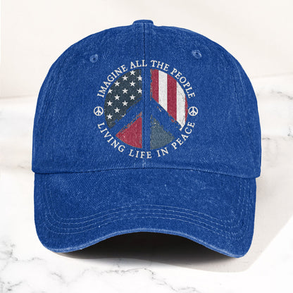 John Lennon Imagine All The People Living Life In Peace Sign American Flag Denim Cap – Retro Vintage Dad Cap Gift For Dad (With Box)
