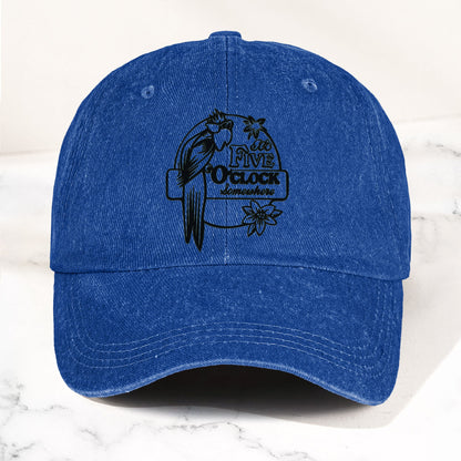 It’s Five O’Clock Somewhere Denim Dad Cap – Tropical Parrot Island Vibes Hat (With BOX)