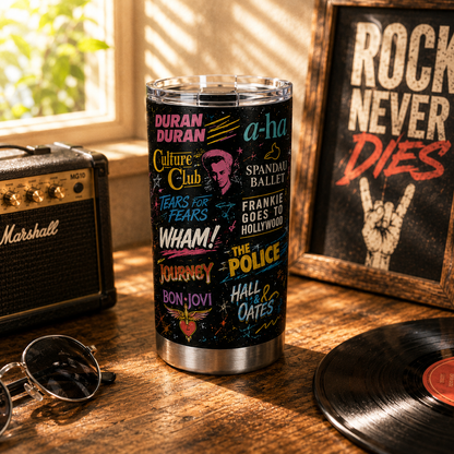 80s New Wave & Pop Legends 20oz Stainless Steel Tumbler – Retro Music Band Travel Mug