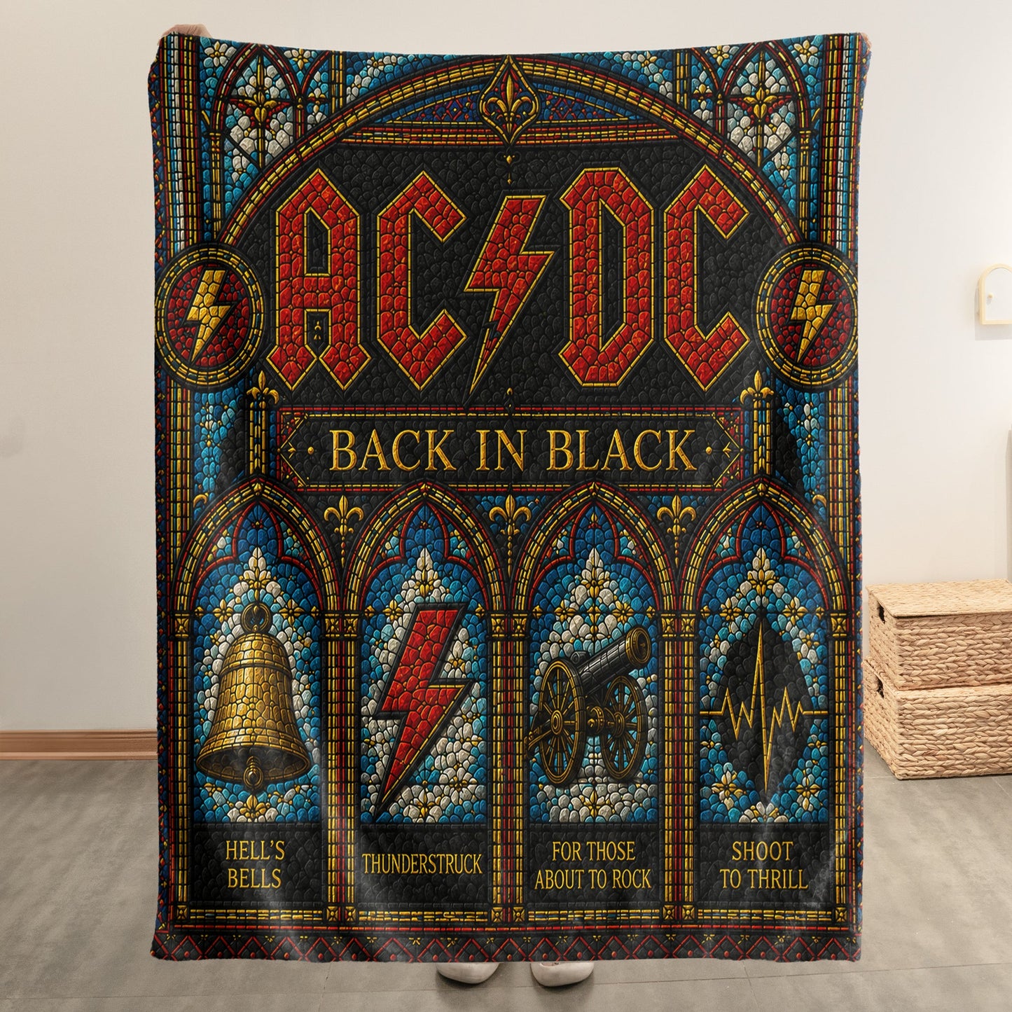 AC/DC Back In Black Sherpa Blanket – Stained Glass Rock Icon Throw Blanket