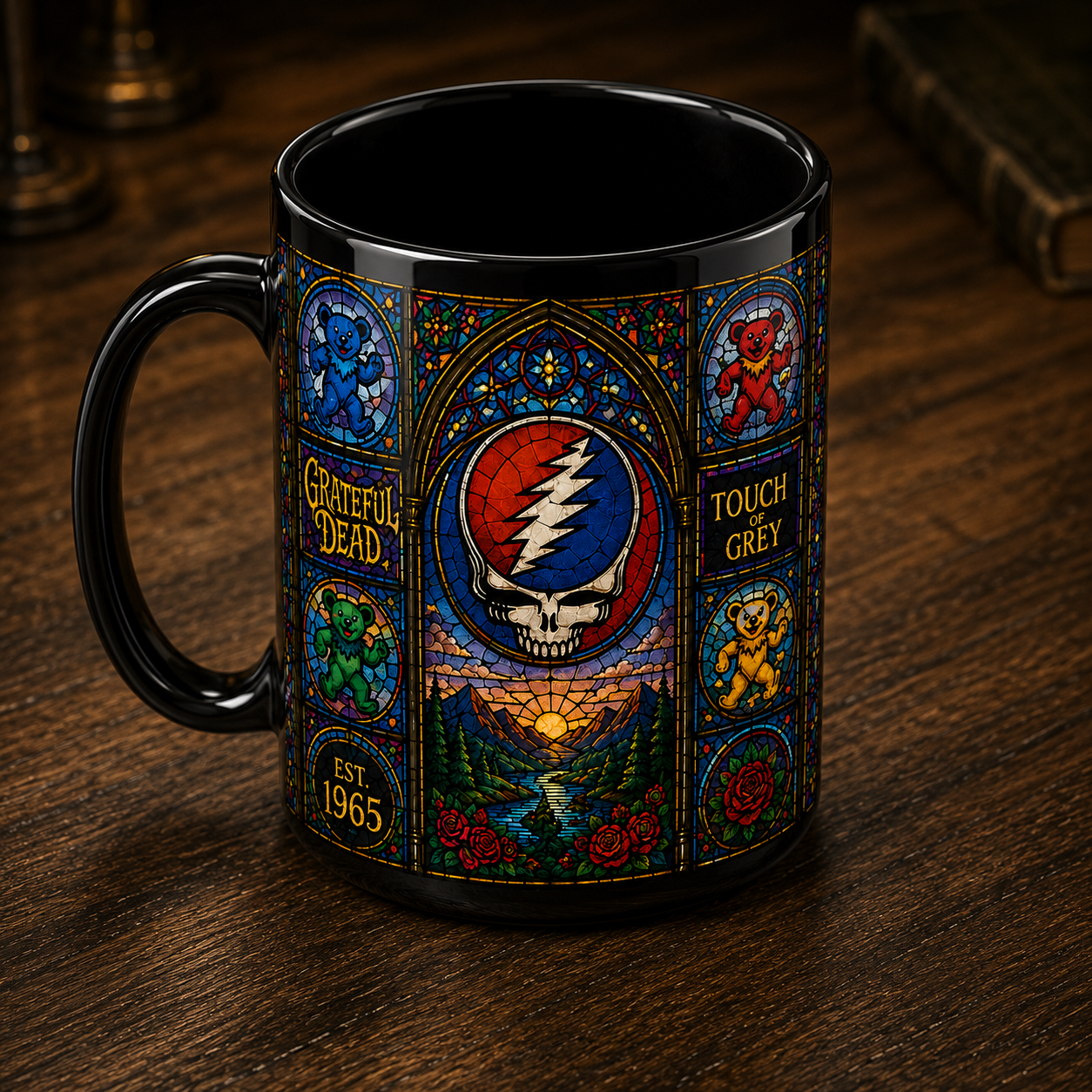 Grateful Dead Stained Glass Black Coffee Mug – 15oz Ceramic Mug for Deadheads