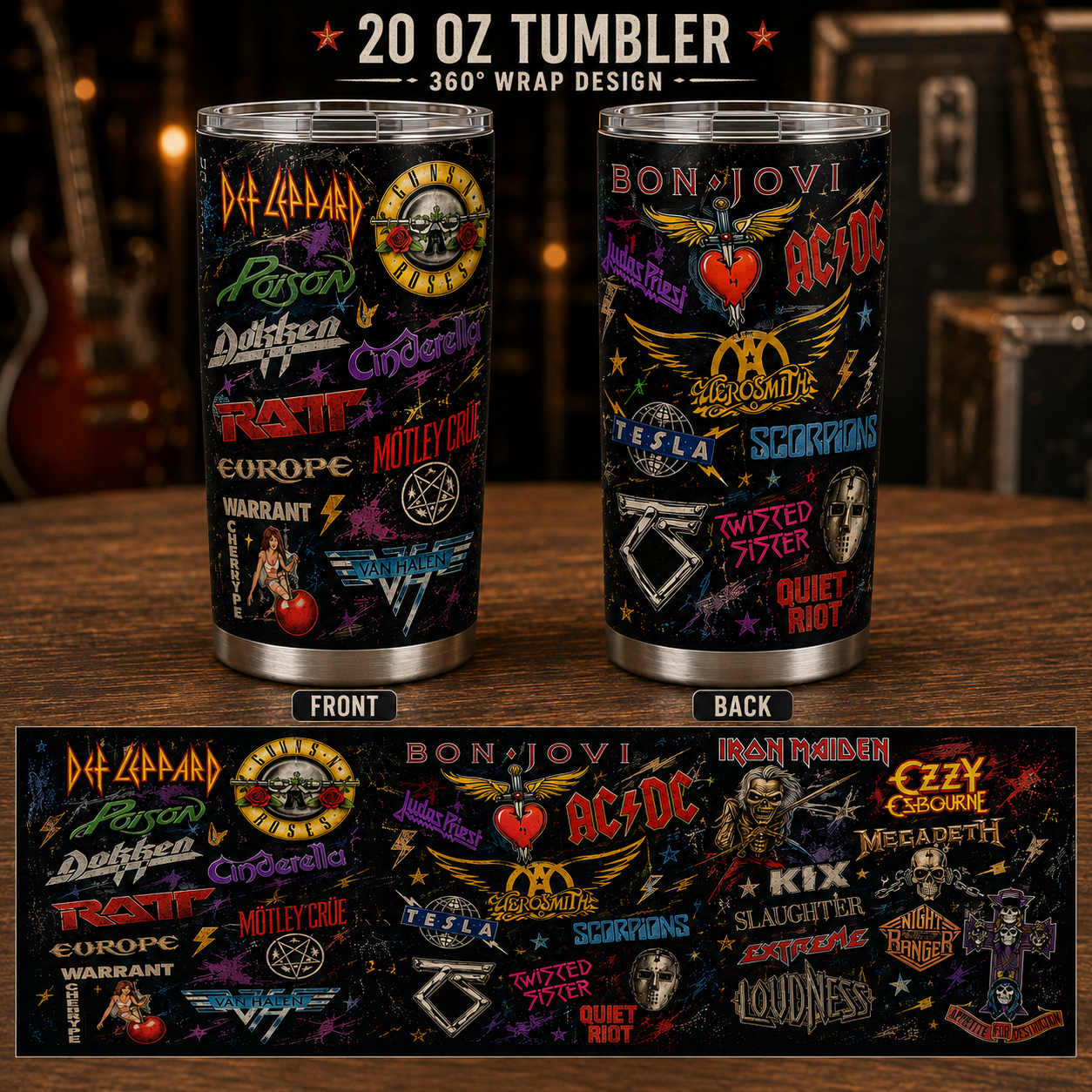 Hair Metal Legends 20oz Stainless Steel Tumbler – Vintage Glam Metal Band Logo Travel Mug