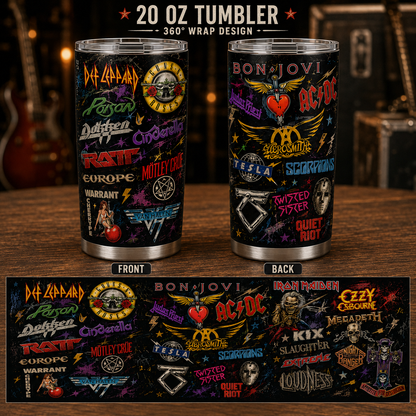 Hair Metal Legends 20oz Stainless Steel Tumbler – Vintage Glam Metal Band Logo Travel Mug
