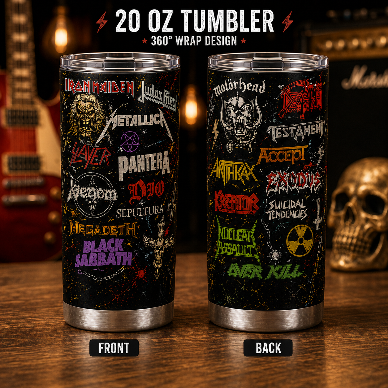 Heavy Metal Legends 20oz Stainless Steel Tumbler – Vintage Metal Band Logo Travel Mug
