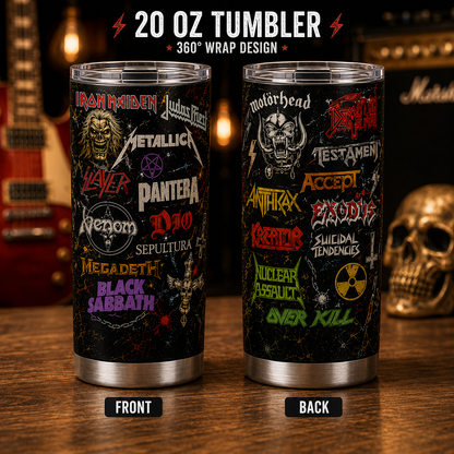 Heavy Metal Legends 20oz Stainless Steel Tumbler – Vintage Metal Band Logo Travel Mug
