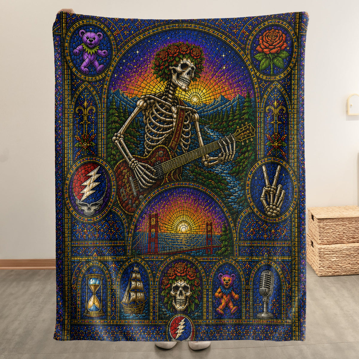 Grateful Dead Sherpa Blanket – Bertha Skeleton Guitarist Gothic Stained Glass Blanket
